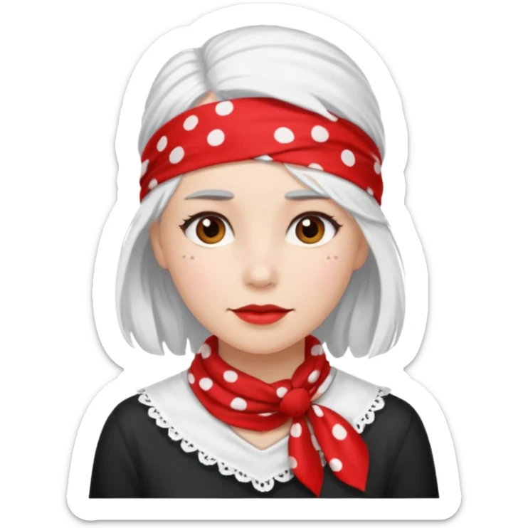 woman with a polka dot red bandana and white hair sticker