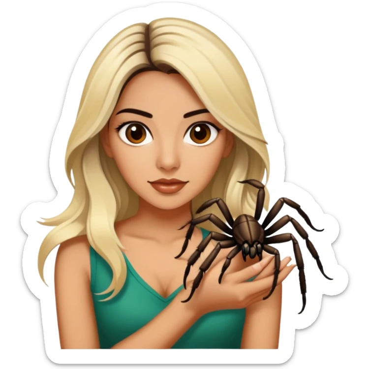 Attractive Mexican woman in her 20s with dark hair with blonde highlights, with a tarantula sticker
