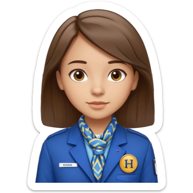 Young girl, straight hair, wearing uniform jacket with hotel name badge, tasteful scarf, stand behind the desk

 sticker