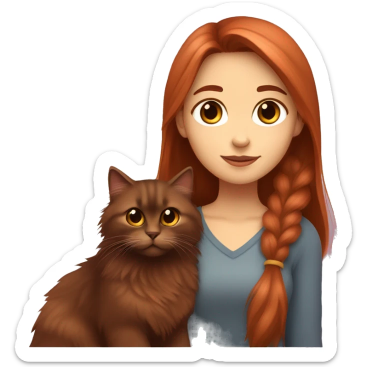Copper red straight haired girl with dark  brown eyes hugging a fluffy dark brown Siberian cat sticker