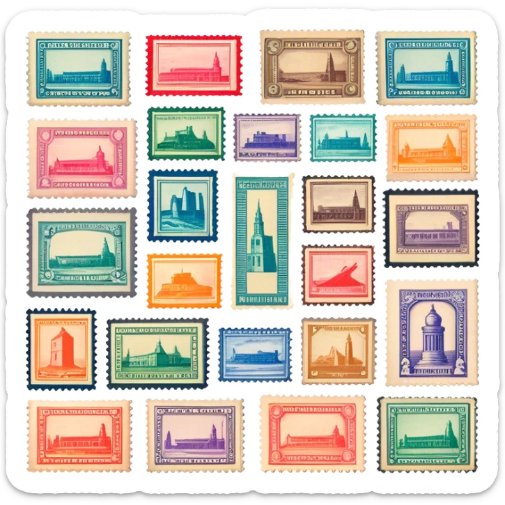 Icon for Stamp Collecting: a collection of vintage and colorful stamps arranged in an album or on a desk, with a large stamp block in the center showcasing different themes. The icon should reflect the charm and history of philately. Transparent background. sticker
