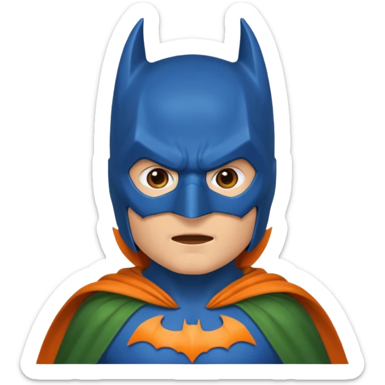 batman emoji with the mask in blue, wings in orange and cloak in green sticker