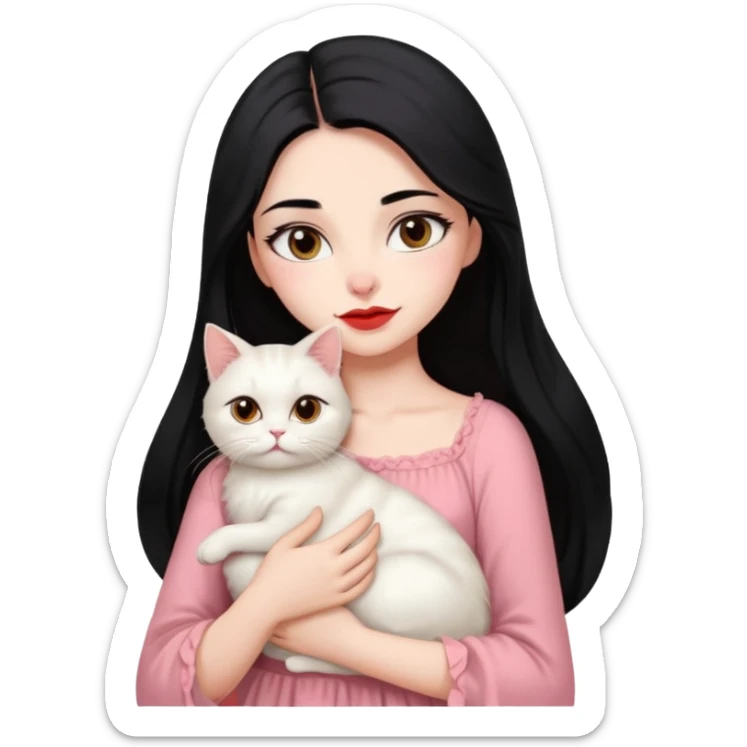 Beautiful Girl Long Hair black, Brows Big , Skin White, Dress Pale Pink , Big Red Lips, EyesCoffe , Hug Little baby Persa Cream Cat With Cute Eyes sticker