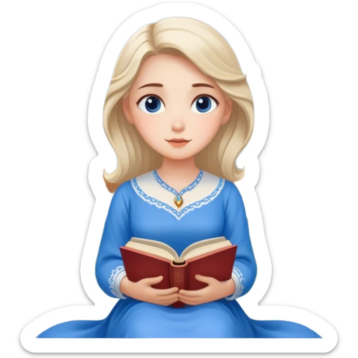 Cinematic Elegant Belle Portrait Emoji, Sitting with an open book, eyes dreamy with thought, her iconic blue village dress draped gracefully, exuding intelligence, kindness, and timeless charm! sticker
