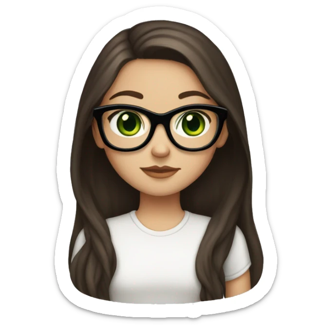 White girl with a dark brown long hair, green eyes,  and foxy glasses  sticker