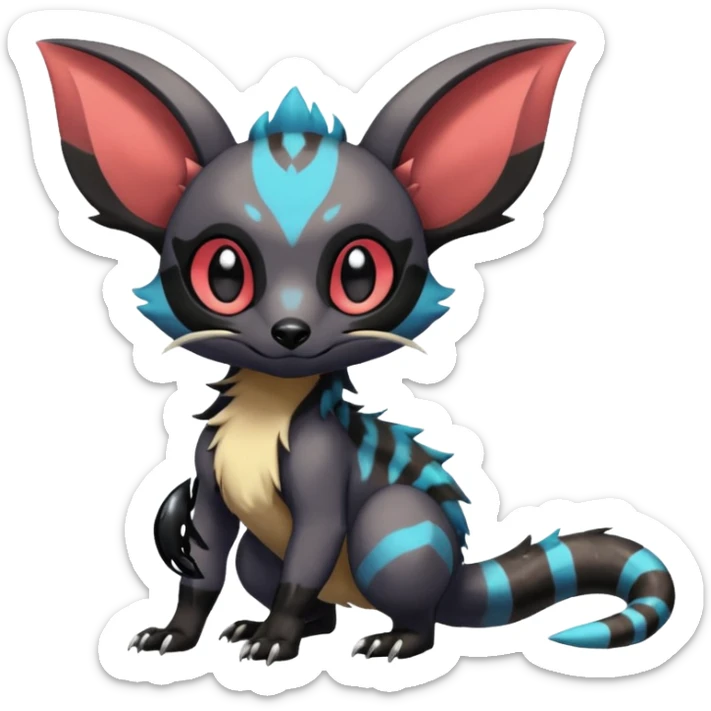 Rare exotic cute epic aesthetic gothic colorful Salandit-Eevee-Civet-species-Fakemon-hybrid-creature, with markings, full body sticker