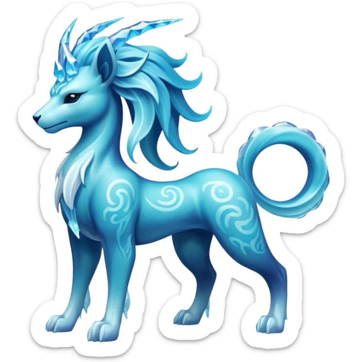 Crystalline Transparent-Cyan Smooth-Fractal Ice-Carved Regal Suicune-Amaura-fusion-creature (full body) sticker