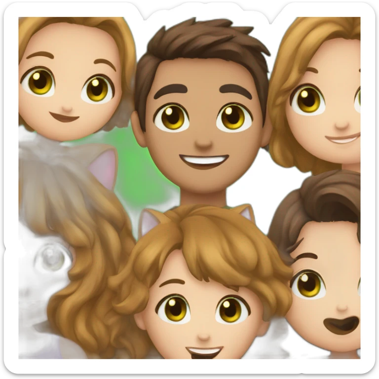 Girl with brown eyes and brown hair kisses boy with brown hair and green eyes and hugs brown fat cats sticker