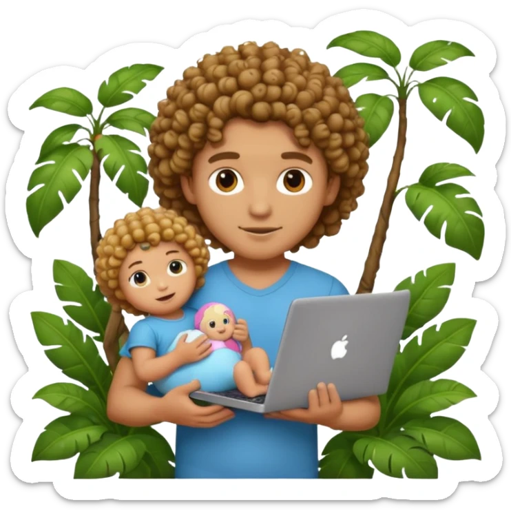 a guy with curly hair in the middle of the jungle holding a baby doll and a laptop, emoji style, more focus on the baby doll sticker