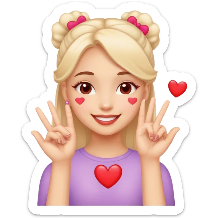 A girl hearts in her eyes smiles while doing half hand love in her cheeks sticker