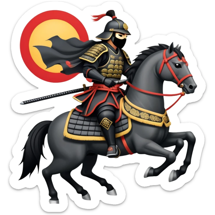 clash-of-clans-aesthetic_-cinematic-fearsome-and-majestic-samurai-bust-portrait-emoji, rendered in a flat, vector-style with minimal shading and bold, simplified shapes typical of emoji art, depicting a battle-hardened samurai with black mask and traditional black Japanese armor. The samurai is riding a noble grey warhorse adorned with an intricately designed saddle and fluttering banners and a rising sun. a samurai riding on a  horse zoomed in sticker