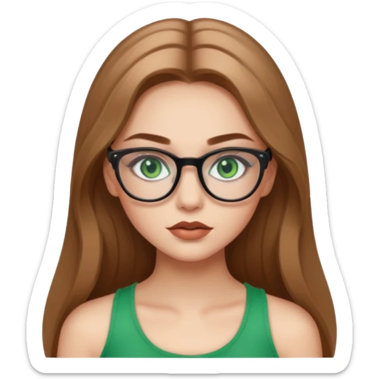 Yeşil gözlü,Hafif kahverengi uzun saçlı, beyaz tenli, gözlüklü, crop giyinen ,baya dolgun dudaklı gloss sürmüş,makyajlı bir kız sticker