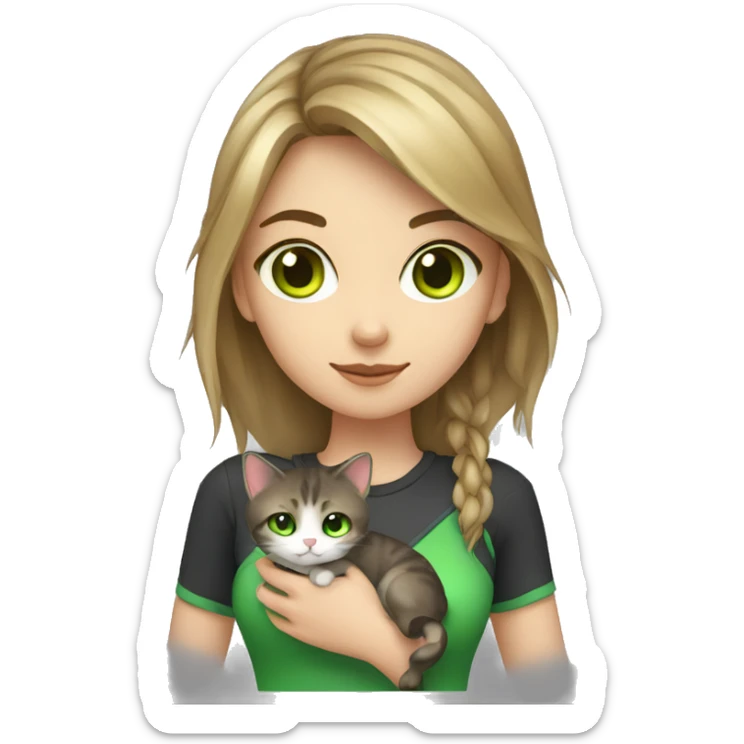 gamer girl with dark blond hair and green eyes, holding a cat tricolor sticker