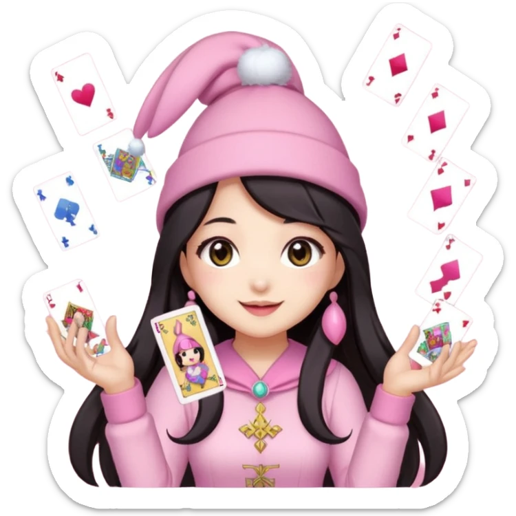 pixel art chibi asian girl with dark long hair in pink bunny hat magical girl with tarot cards thrown in air pixel emoji sticker