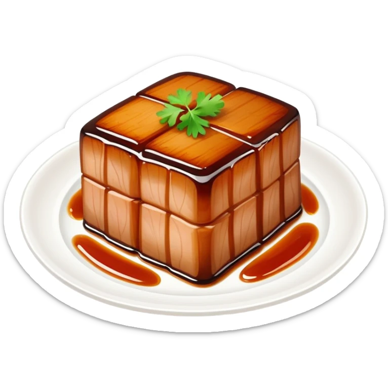 Dongpo Pork braised pork belly caramelized dish, simplified emoji style with bold outlines and bright colors, cartoon style Chinese culinary heritage sticker