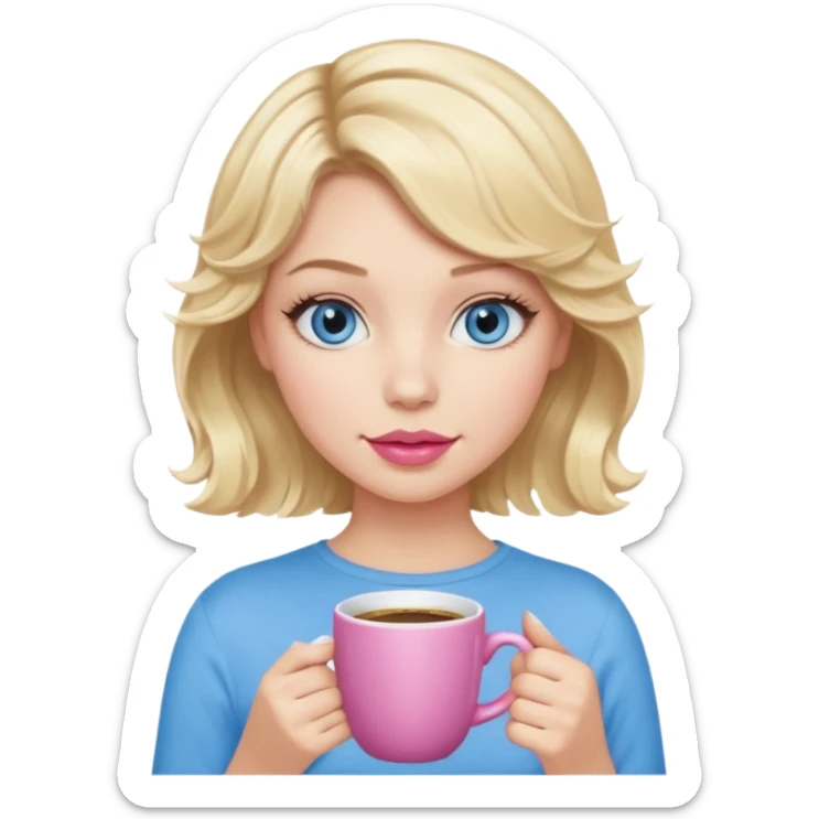 Girl Blonde short wavy hair,  blue eyes, cute blue top, long lashes, pink lips, holding hot white coffee mug sticker
