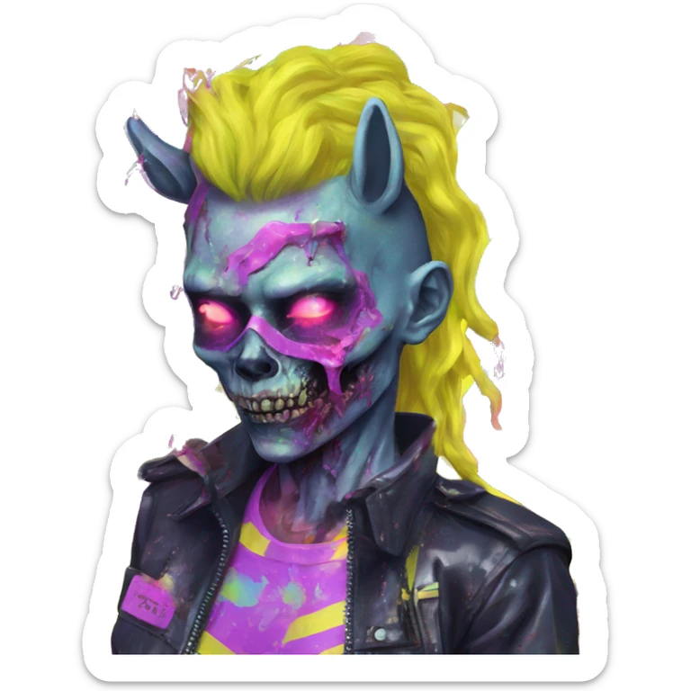 .Zombie_ Vaporwave black holographic oilslick zombie unicorn yellow caution tape sticker