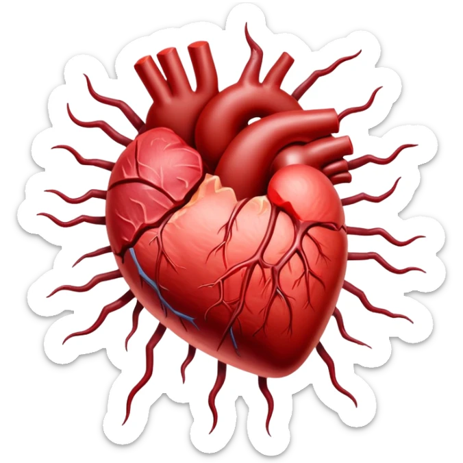 Glowing cuts of red meat and liver surrounding a bright red heart. Red blood cells float around the heart, with energy streams connecting the meat to the blood cells and heart, showing how iron-rich foods power circulation and vitality. sticker