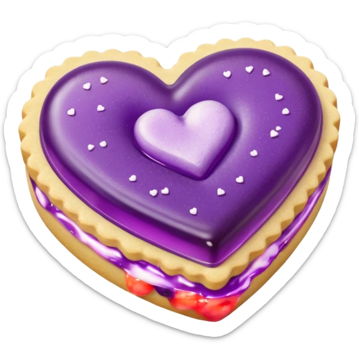 Realistic shortbread cookie in the shape of a heart with purple pastel jelly middle filling and sprinkled powder sugar on top. sticker