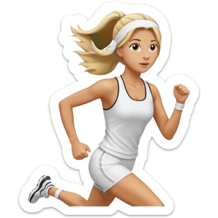 Mujer color de piel moreno, con cabello rubio largo, lacio y suelto, bonita, nariz respingada, corriendo con ropa deportiva color blanco  sticker