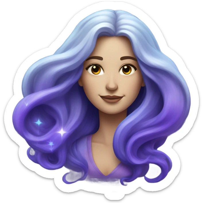white woman with sparkling galaxy hair with moon and stars in purple and blue shades sticker