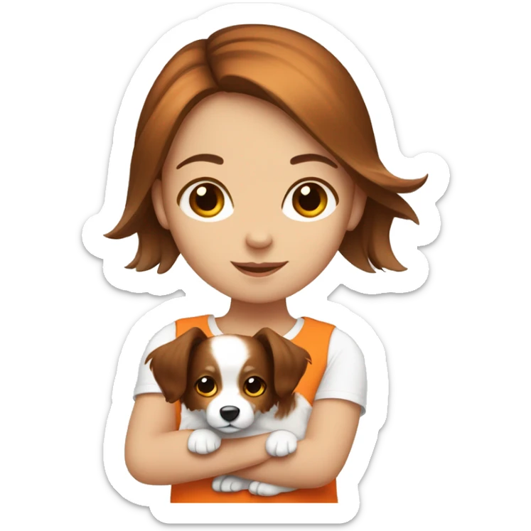 girl with brown hair holding a cute papillon orange and white sticker
