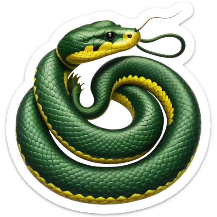 A photo-realistic top-down view of a Green Anaconda tightly coiled in a spiral, with its broad, flat head resting at the center. Its thick, muscular body is olive-green and covered in symmetrical, bold black oval spots that stand out against its smooth scales, creating striking natural camouflage. sticker