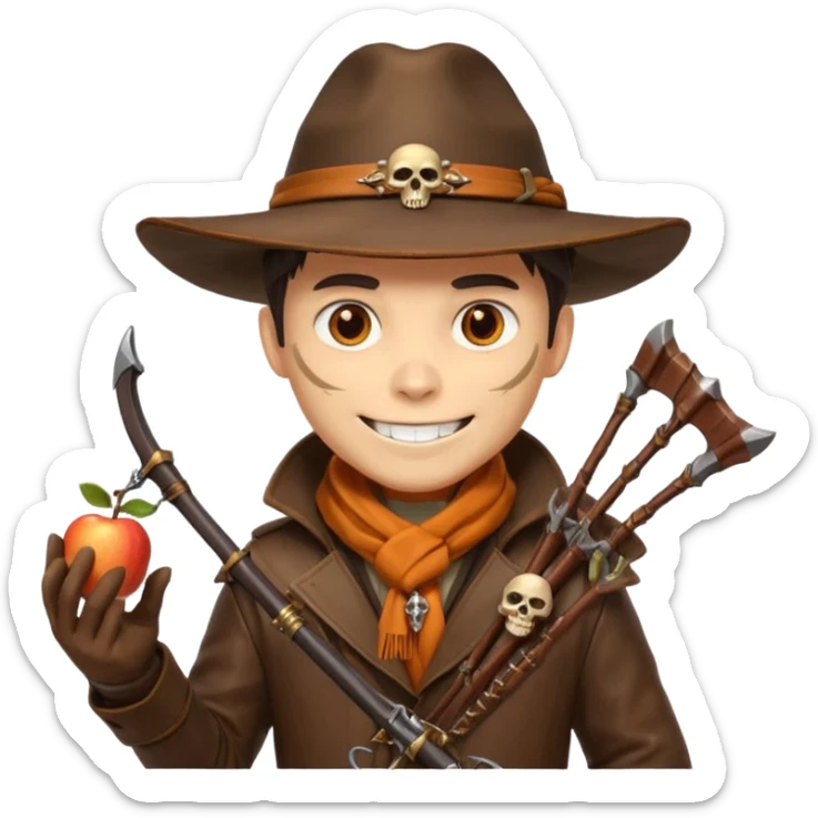 male human monster hunter emoji, wearing brown leather coat and wide hat, holding crossbow, with amulet shaped like skull, Halloween fantasy theme, confident smile, orange scarf, Apple emoji style, clean white background, square image sticker