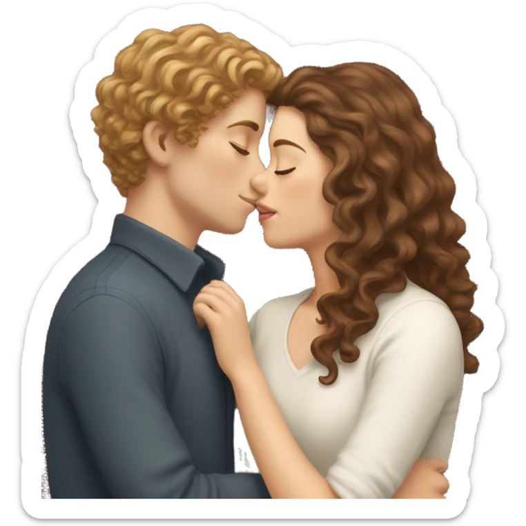 white girl with wavy brown long hair kissing a white boy with short curly brown hair sticker