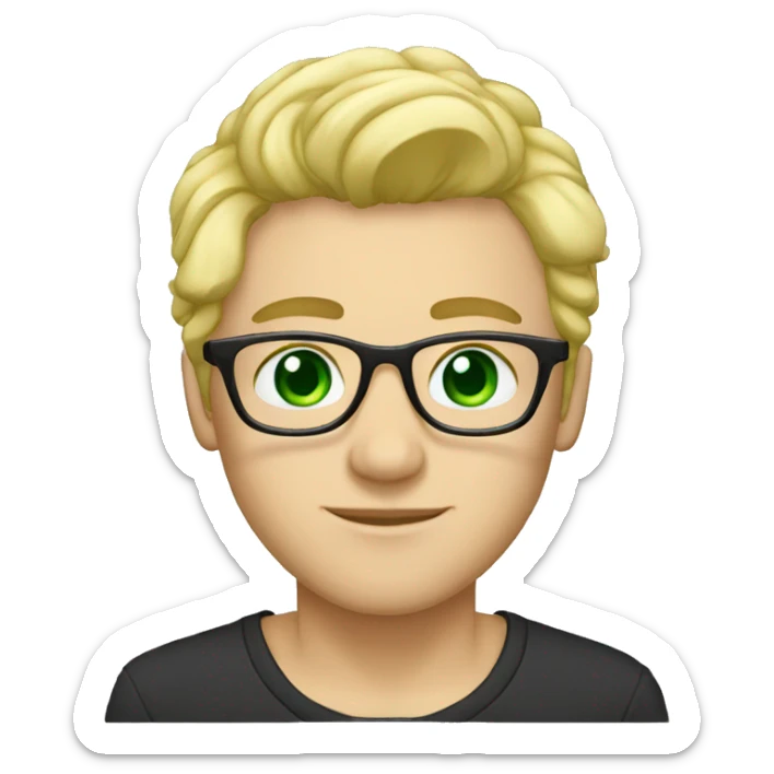 male, nose-piercing, cold blond hair, glasses, green eyes, black-t-shirt sticker