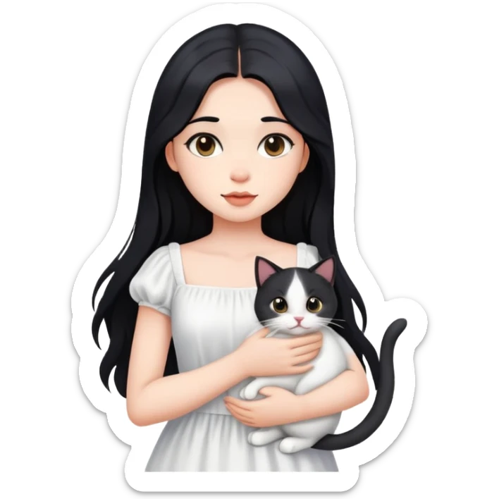 beautiful girl with long black hair wearing a white dress holding a cat in her arms sticker