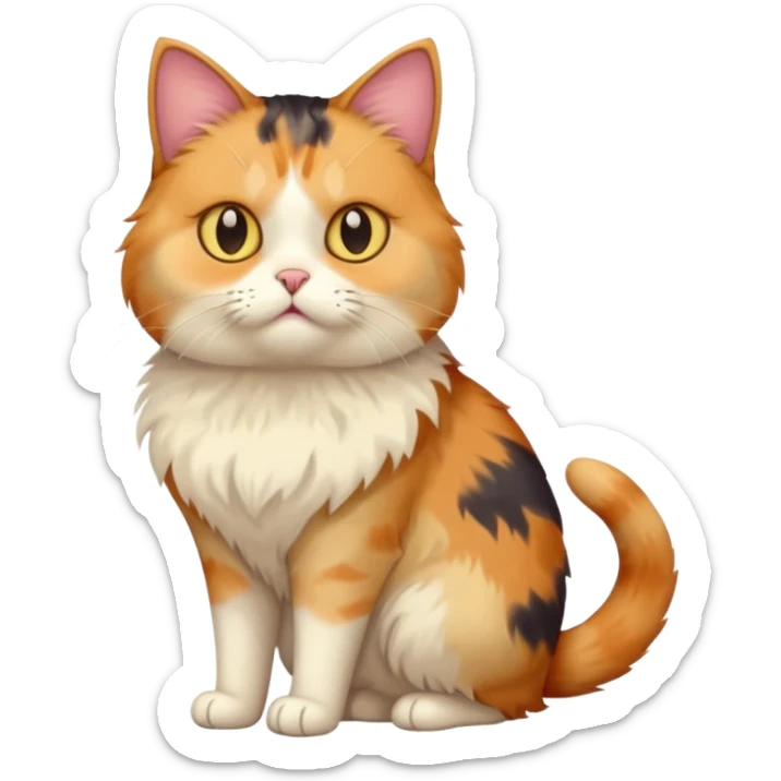 full body calico cat with skinny head and fat body with an anxious face sticker
