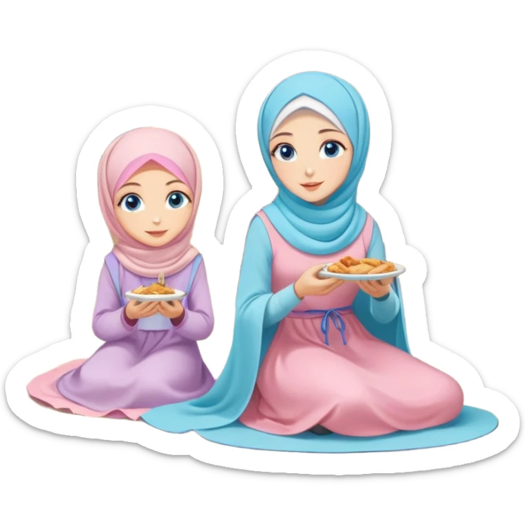 Turkish beautiful finish Konya girls blue eyes with pastel hijab long tail dress and the two friends sits on the chair on the ground and eating the food in the restaurant  sticker