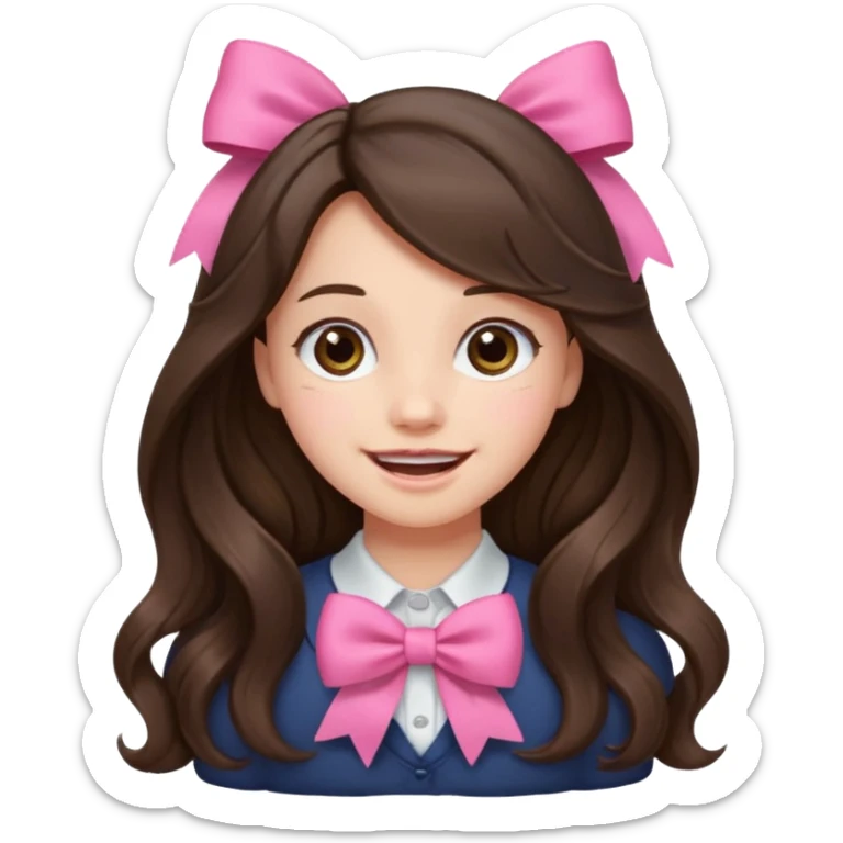 Brunette, long wavy hair, girl emotions and a pink bow sticker