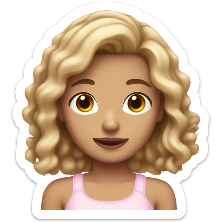 girl with wavy brown hair with blonde chunky streaks, pale, hazel eyes, short, light pink tube top. sticker