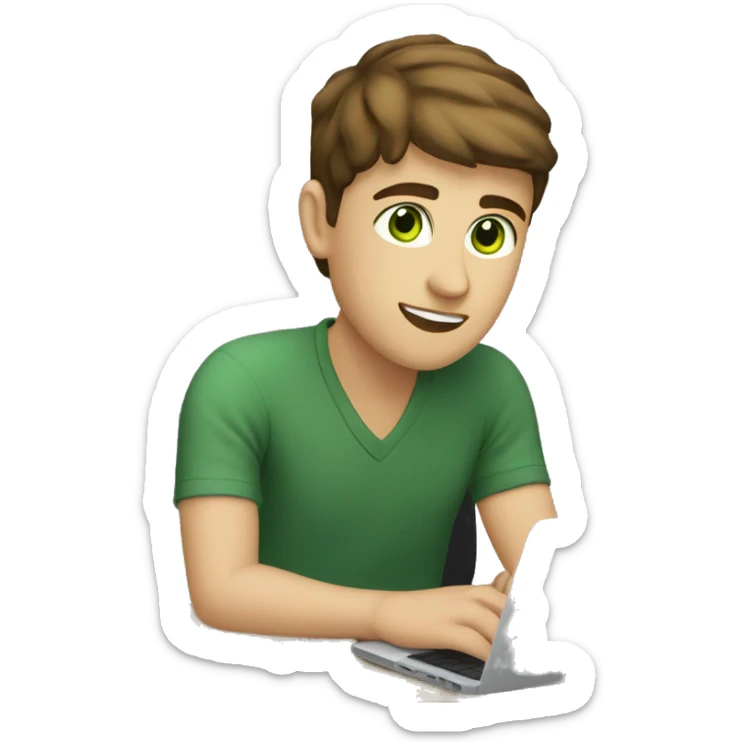 caucassian young man with short brown hair and green eyes working on laptop sticker