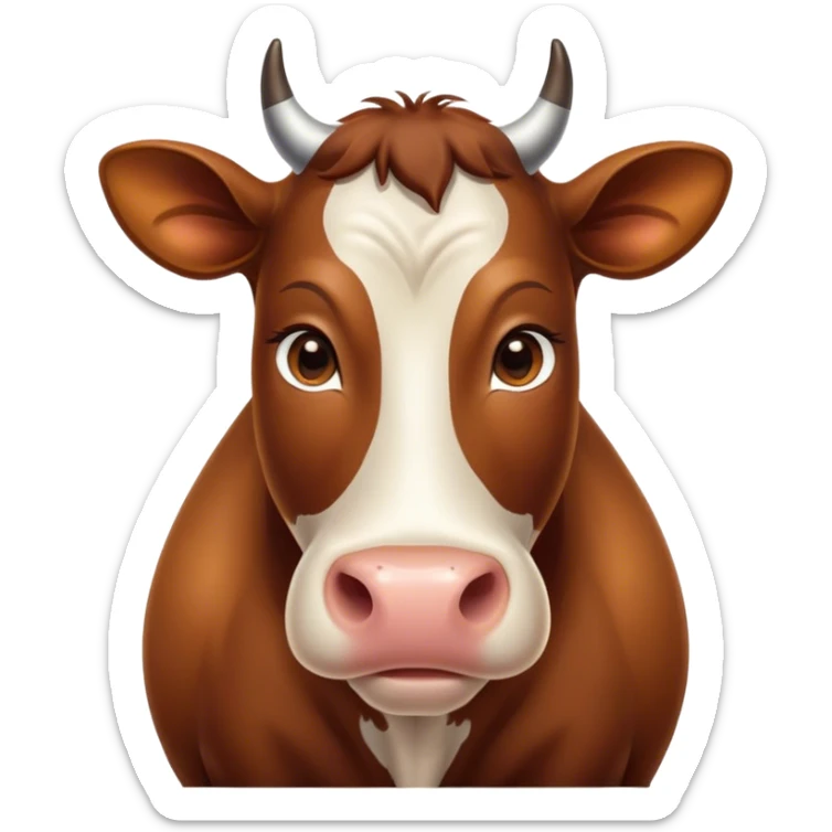 Cinematic Noble Brown Cow Portrait Emoji, Poised and regal, with a large, sturdy build and a smooth, well-groomed deep brown hide, deep-set soulful brown eyes, Simplified yet sharp and sophisticated features, highly detailed, glowing with a soft, dignified glow, high shine, intelligent and calm, stylized with an air of pastoral majesty, focused and attentive, soft glowing outline, capturing the essence of a watchful and confident bovine guardian, so majestic it feels as though it could amble out of the screen with effortless authority! sticker
