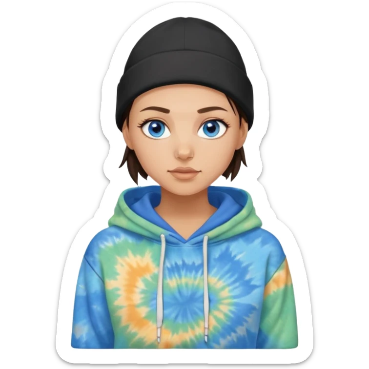 shaved haired brunette girl with a black beanie on and a tiedye hoodie. she has blue eyes sticker