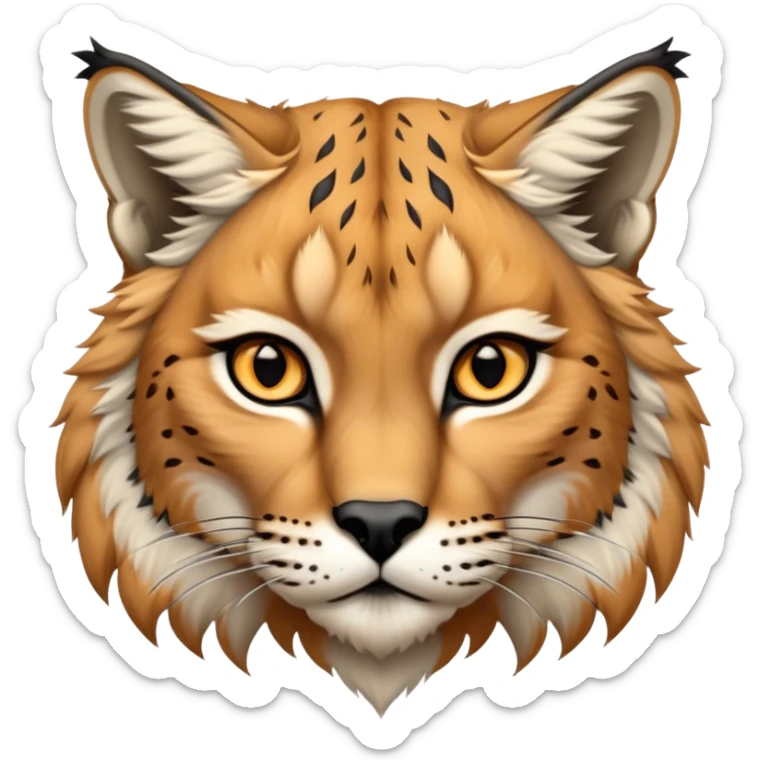 Cinematic-Noble-Lynx-Portrait-Emoji – Poised and regal, with a strong, agile build and a strikingly patterned coat of warm tawny fur accented by bold black ear tufts, deep-set, intelligent amber eyes, simplified yet sharp and sophisticated. sticker