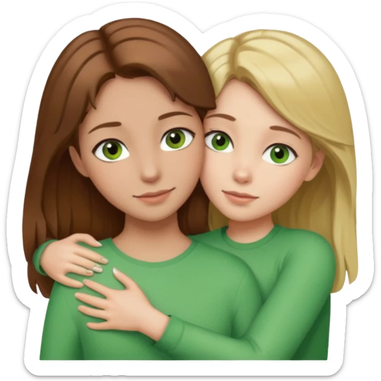 Maman : cheveux marrons, yeux marrons peau blanche fille cheveux blond yeux verts peau blanche qui se font un câlin  sticker