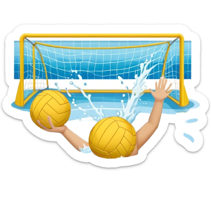 An icon featuring a yellow water polo ball floating on the water with goals in the background, inside a swimming pool. The design includes splashes and ripples, symbolizing the fast-paced action and strategy of water polo. Transparent background highlights. sticker