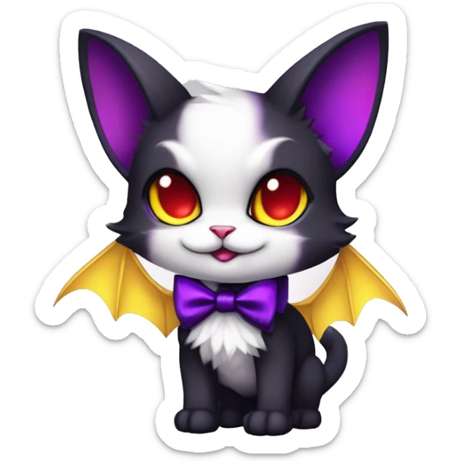 Cute-Evil-Vampiric-Batty-Cat-Black-Purple-Red-Yellow-Contrast-Colors-Fantasy-Fur-Sona-Chibi-Shiny-Fakémon-Hybrid with horns and big fangs neck bow white tie leg spats full body sticker