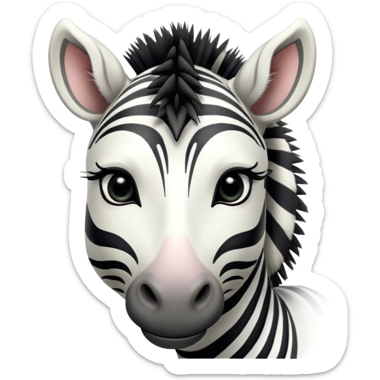 Cinematic Noble Zebra Portrait Emoji, Poised and regal, with a lean, elegant build and a striking Fur of bold black and white stripes, deep-set soulful piercing eyes, Simplified yet sharp and sophisticated features, highly detailed, glowing with a soft, dignified glow, high shine, intelligent and graceful, stylized with an air of savannah chic, focused and attentive, soft glowing outline, capturing the essence of a watchful and confident equine, so majestic it feels as though it could gallop out of the screen with effortless authority! sticker