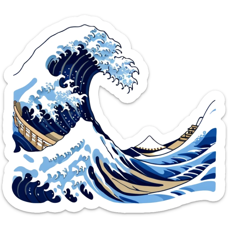 Cinematic Realistic Great Wave off Kanagawa, depicted as a colossal, crashing wave with dynamic blue hues and frothy white crests, rendered with intricate textures and fluid motion that captures both the timeless power and poetic beauty of the iconic Japanese artwork sticker