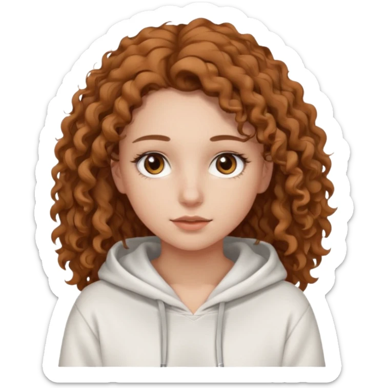 Una ragazza con una felpa semplice bianca,ha gli occhi marroni,i capelli marroni chiaro , c’è gli ha lunghi e ricci ma non troppo e ha le ciglia sticker