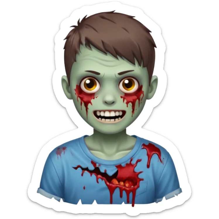 zombie boy with brown short hair, white skin, and white eyes; an open smile, and bloodied teeth; sticker