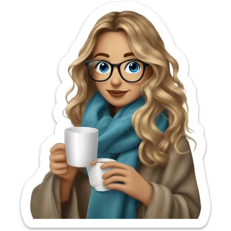 Balayage hair Girl drinking coffee, with a cozy blanket wearing glasses with blue eyes beautiful  sticker