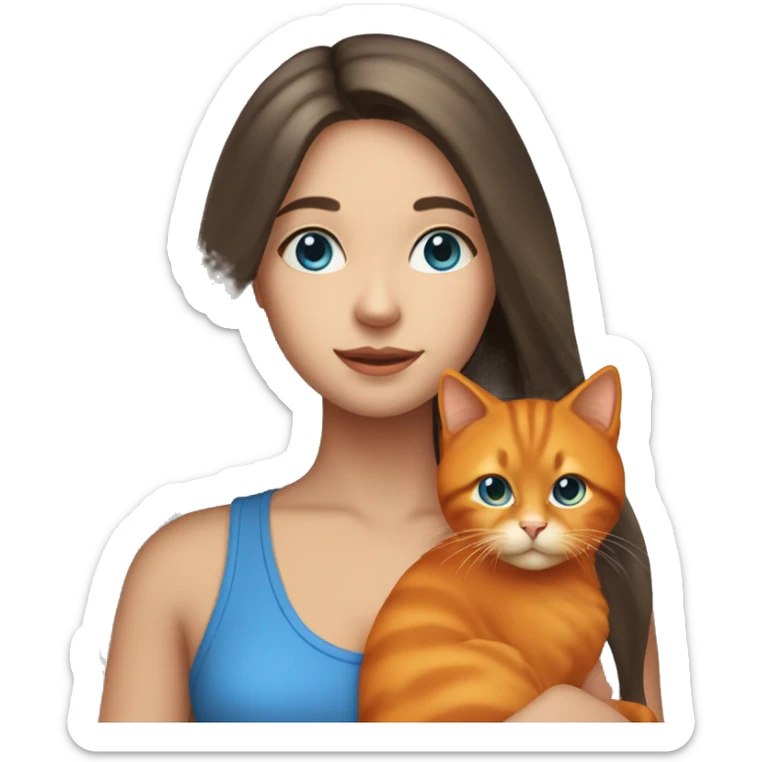 long hair brunette girl with blue eyes holding an orange cat sticker