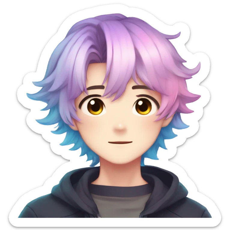 Gorgeous anime style boy with blushing face aesthetic and pretty colorful shiny gradient pastel hair trending style sticker