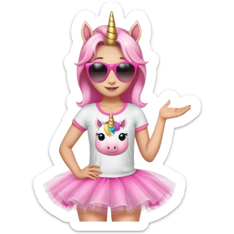 friendly anthropomorphised female unicorn in tutu and pink t-shirt, wearing dark sunglasses, relaxed pose, head and shoulders portrait sticker